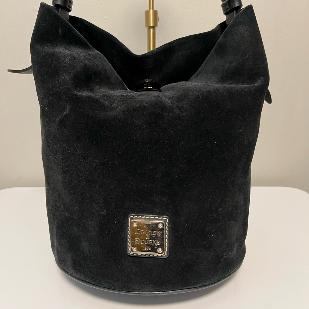 Dooney & Bourke Black Suede Bucket Bag | Vintage Leather Trim Purse - Picture 3 of 13